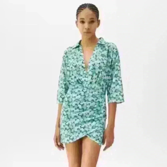 PULL&BEAR | Women's Green/Blue Floral Deep V-neck Wrap Mini Dress - Picture 6 of 6